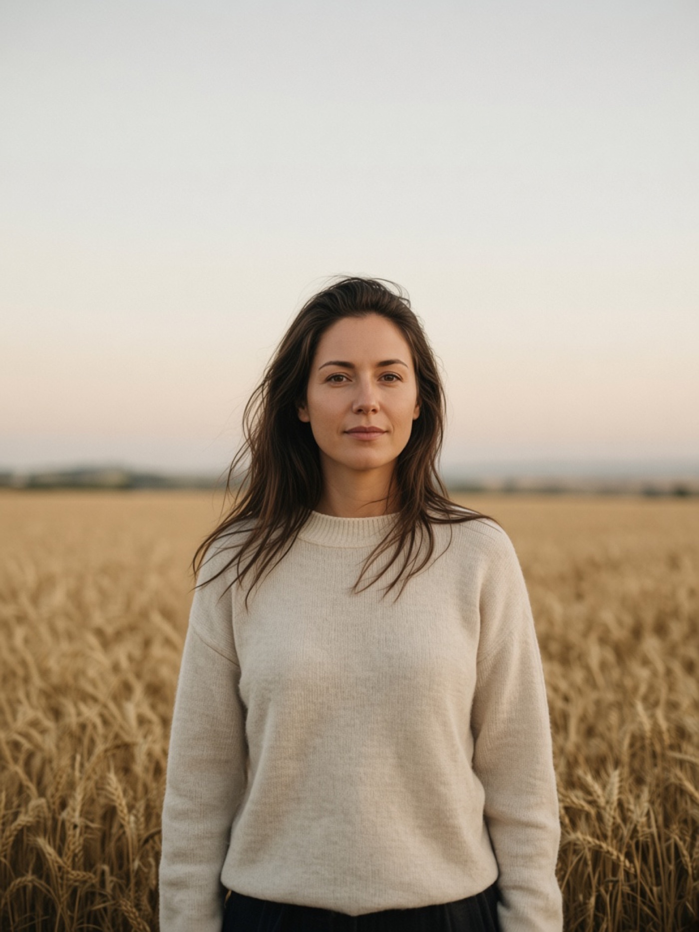 A woman in a wheat field, looking toward the camera